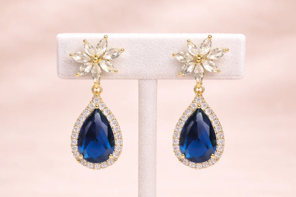 Crystal Blue Stone & Diamond Fancy Earring for Women – 18K Gold Plated