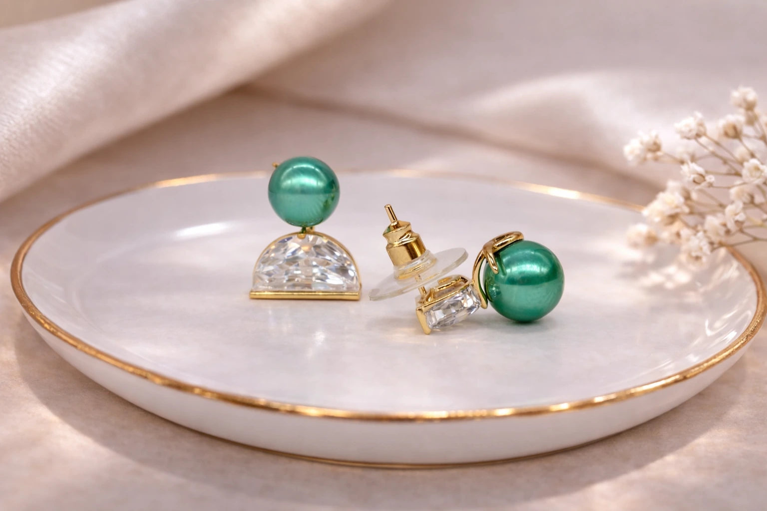 18kt Gold Polish with Green Pearl with Swarovski Stone Anti-Tarnish & Anti-Allergic Fancy Earring for Girls