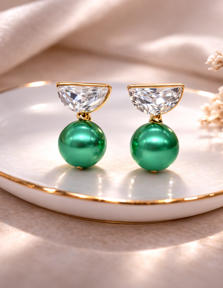 18 carat gold polish with green pearl with swarovski stone anti tarnish anti allergic fancy earring for girls
