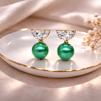 18 carat gold polish with green pearl with swarovski stone anti tarnish anti allergic fancy earring for girls