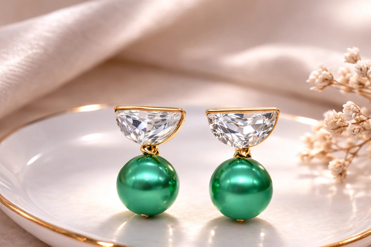18kt Gold Polish with Green Pearl with Swarovski Stone Anti-Tarnish & Anti-Allergic Fancy Earring for Girls