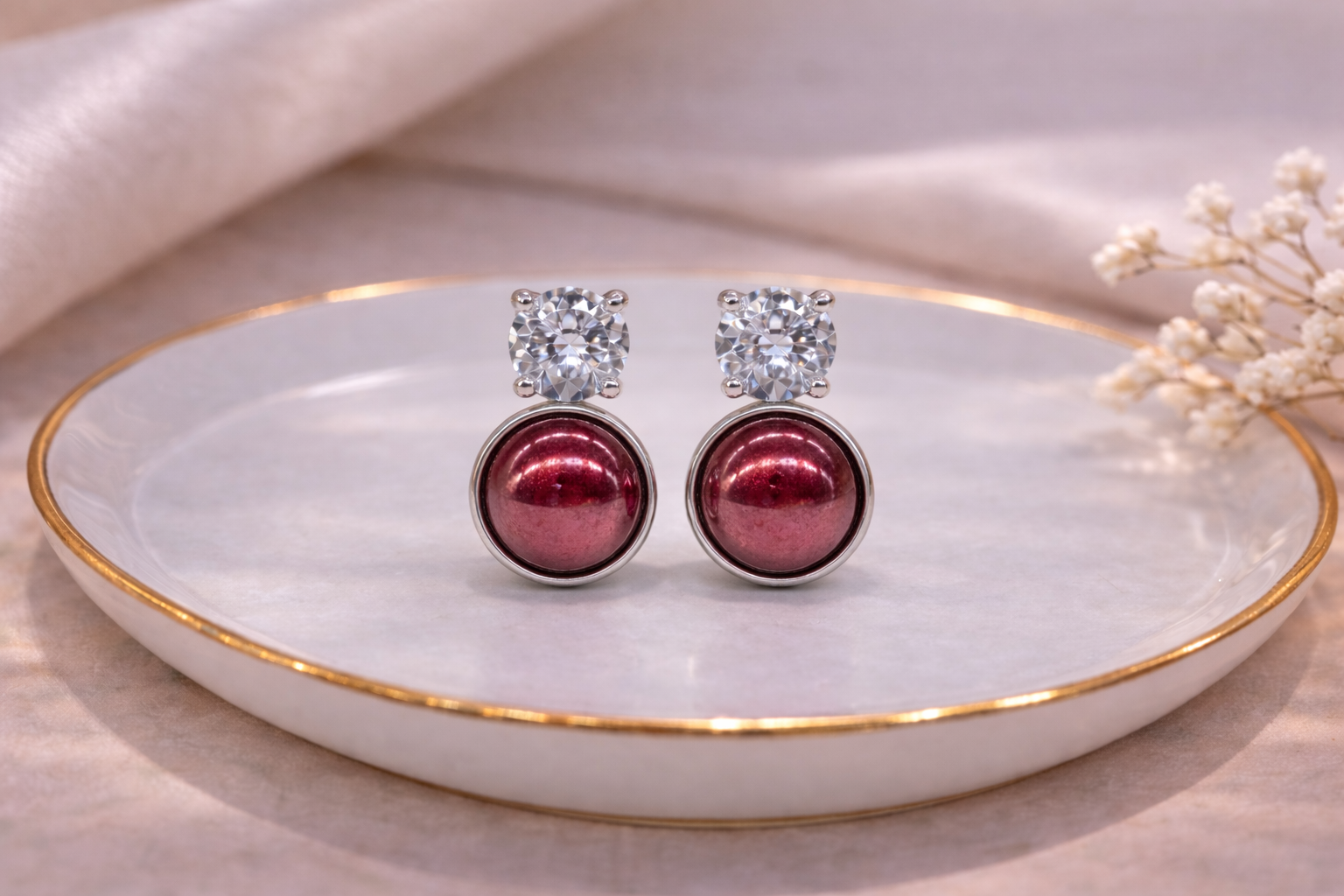 Stainless Steel Silver Polish with Red Pearl with Swarovski Stone Anti-Tarnish & Anti-Allergic Fancy Earring for Girls