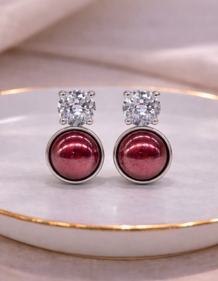 stainless steel silver polish with red pearl with swarovski stone anti tarnish anti allergic fancy earring for girls