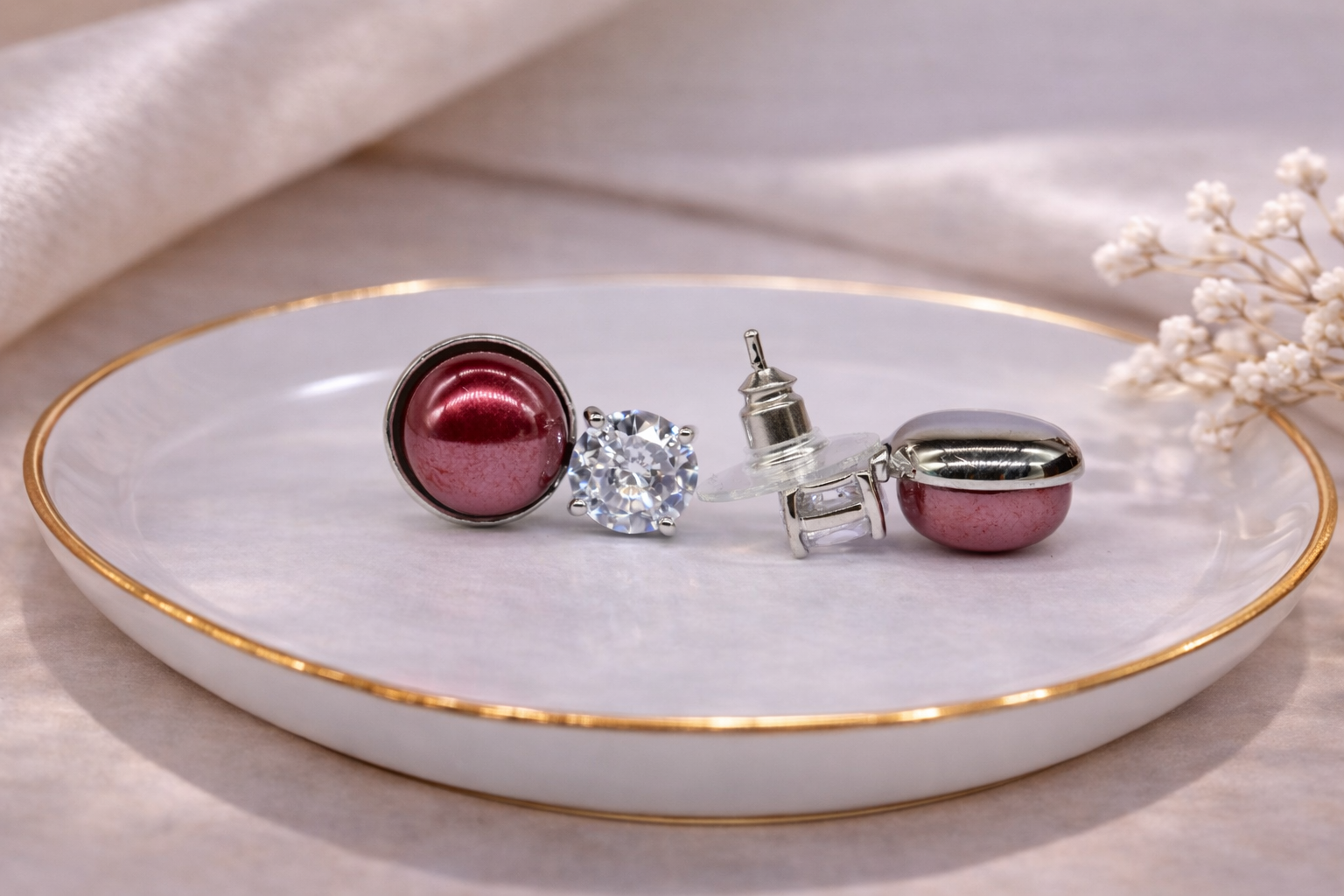 Stainless Steel Silver Polish with Red Pearl with Swarovski Stone Anti-Tarnish & Anti-Allergic Fancy Earring for Girls