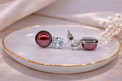 stainless steel silver polish with red pearl with swarovski stone anti tarnish anti allergic fancy earring for girls