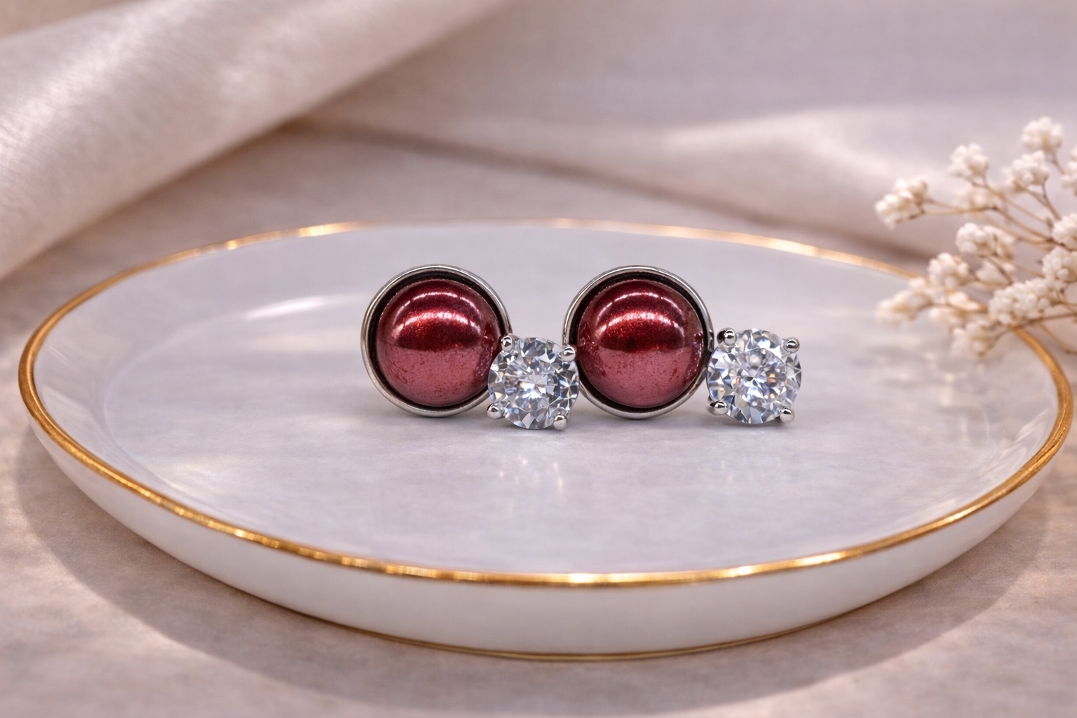 Stainless Steel Silver Polish with Red Pearl with Swarovski Stone Anti-Tarnish & Anti-Allergic Fancy Earring for Girls
