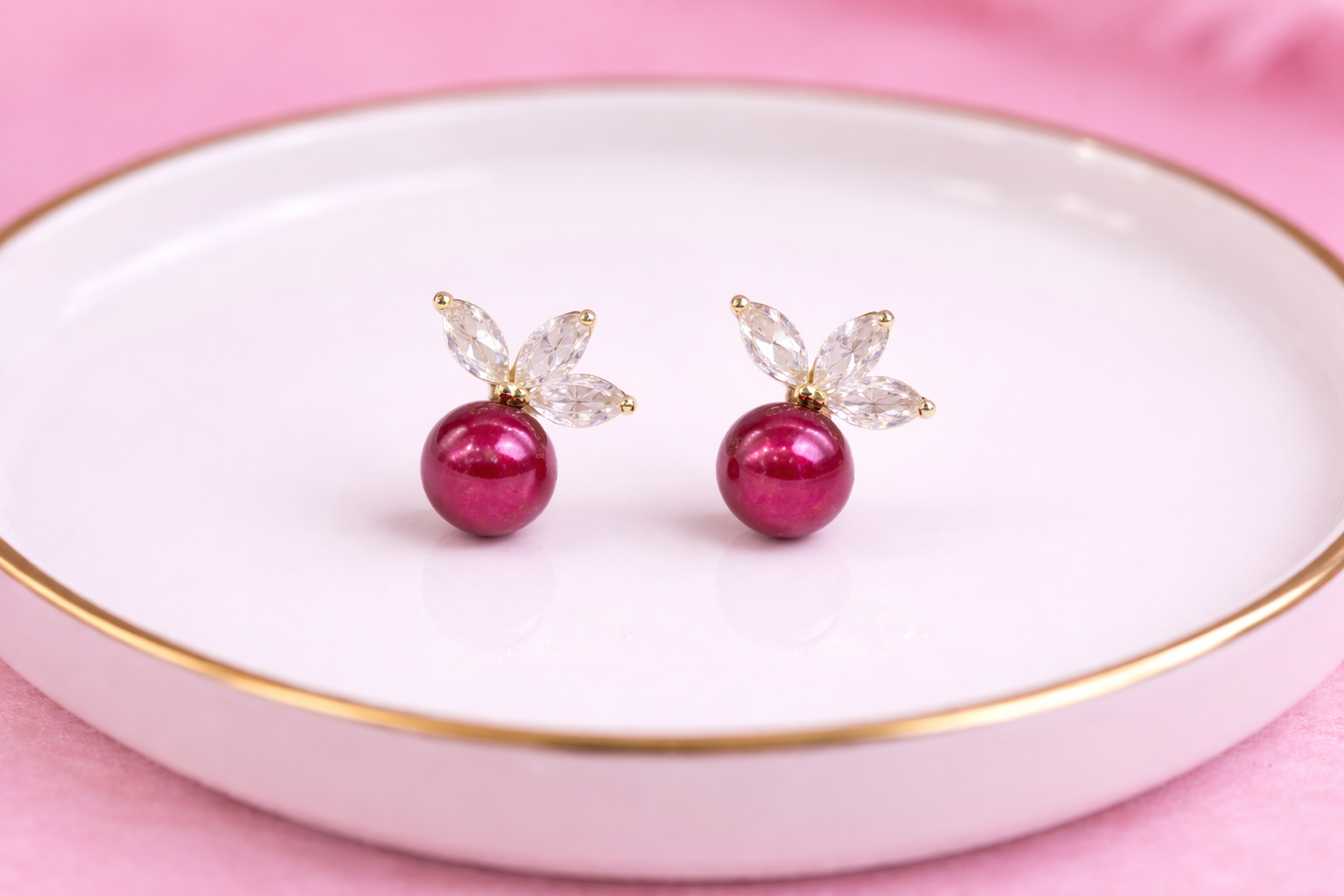 18kt Gold Polish with Red Pearl with Diamond Anti-Tarnish & Anti-Allergic Fancy Earring for Girls