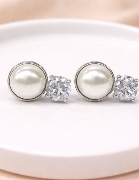 stainless steel silver polish with white pearl with swarovski stone anti tarnish anti allergic fancy earring for girls