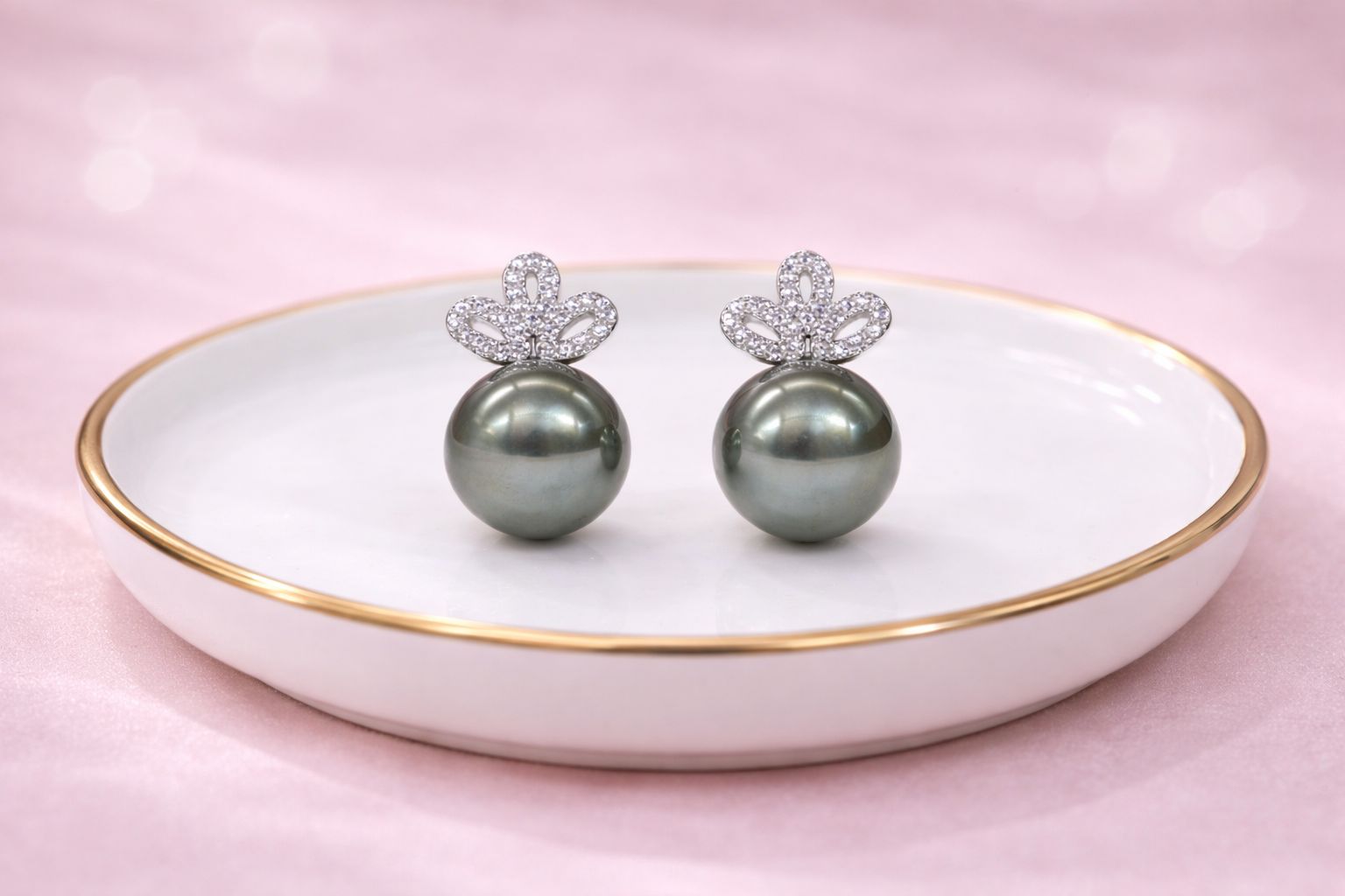Stainless Steel Silver Polish with Dark Grey Pearl with Diamond Anti-Tarnish & Anti-Allergic Fancy Earring for Girls
