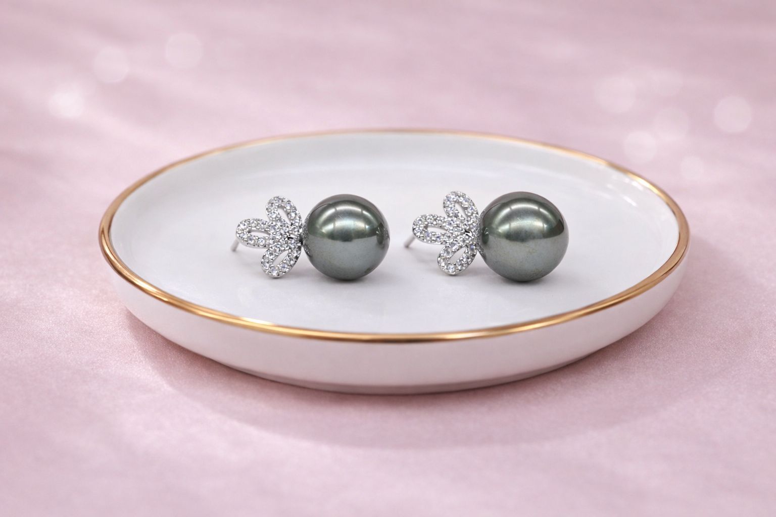 Stainless Steel Silver Polish with Dark Grey Pearl with Diamond Anti-Tarnish & Anti-Allergic Fancy Earring for Girls