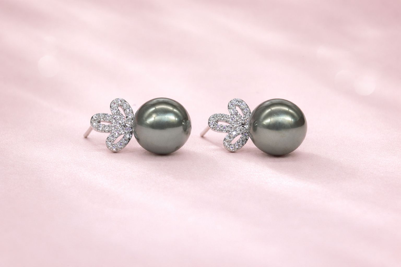 Stainless Steel Silver Polish with Dark Grey Pearl with Diamond Anti-Tarnish & Anti-Allergic Fancy Earring for Girls