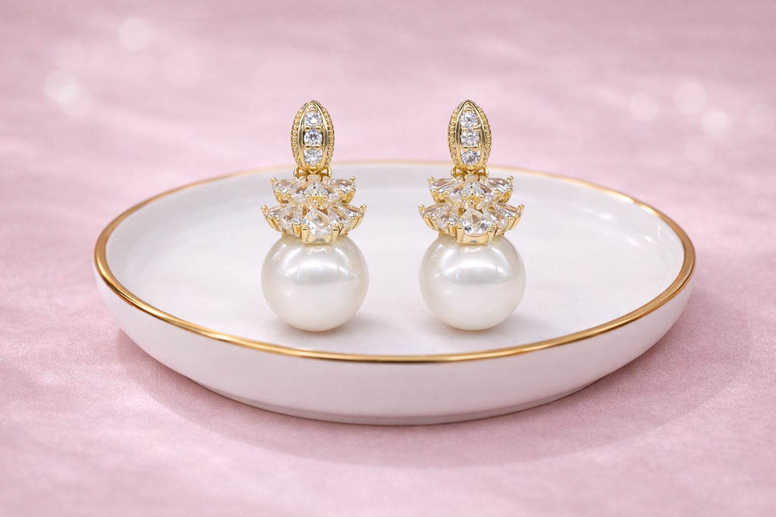 18kt Gold Polish with White Colour Pearl with Diamond Anti-Tarnish & Anti-Allergic Fancy Earring for Girls