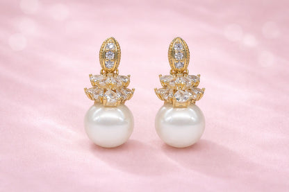 18 carat gold polish with white colour pearl with diamond anti tarnish anti allergic fancy earring for girls