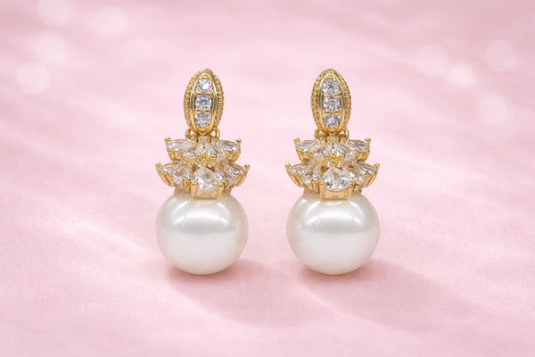 White Colour Pearl with Diamond Fancy Earring for Women – 18K Gold Plated