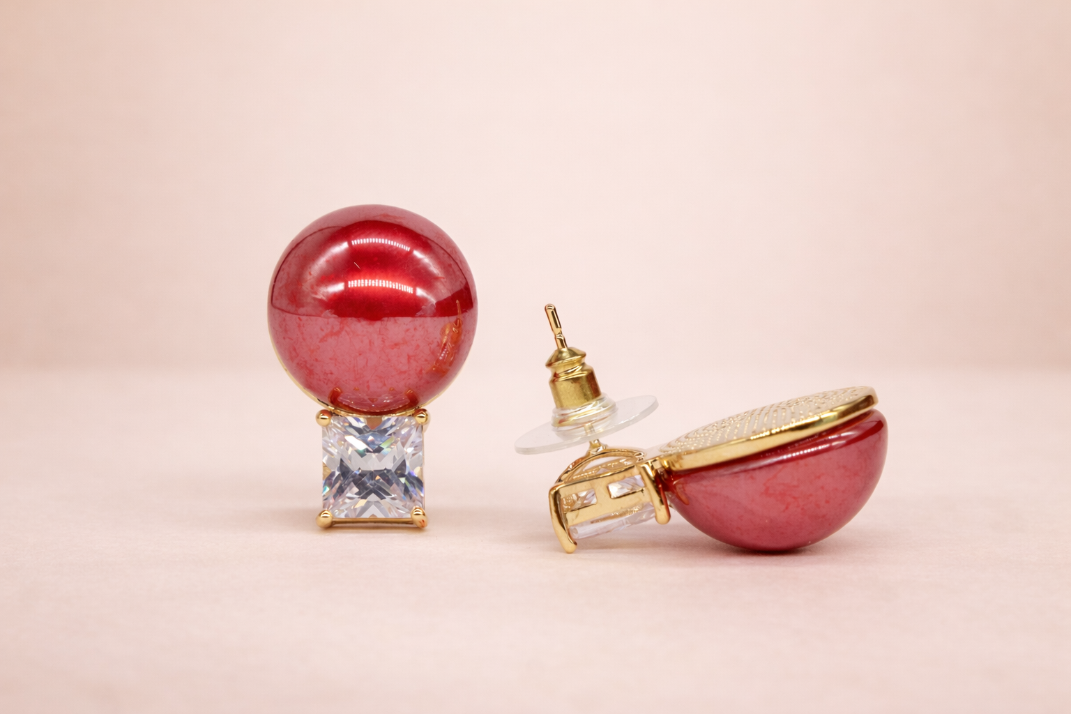 18kt Gold Polish with Red Colour Pearl with Diamond Anti-Tarnish & Anti-Allergic Fancy Earring for Girls