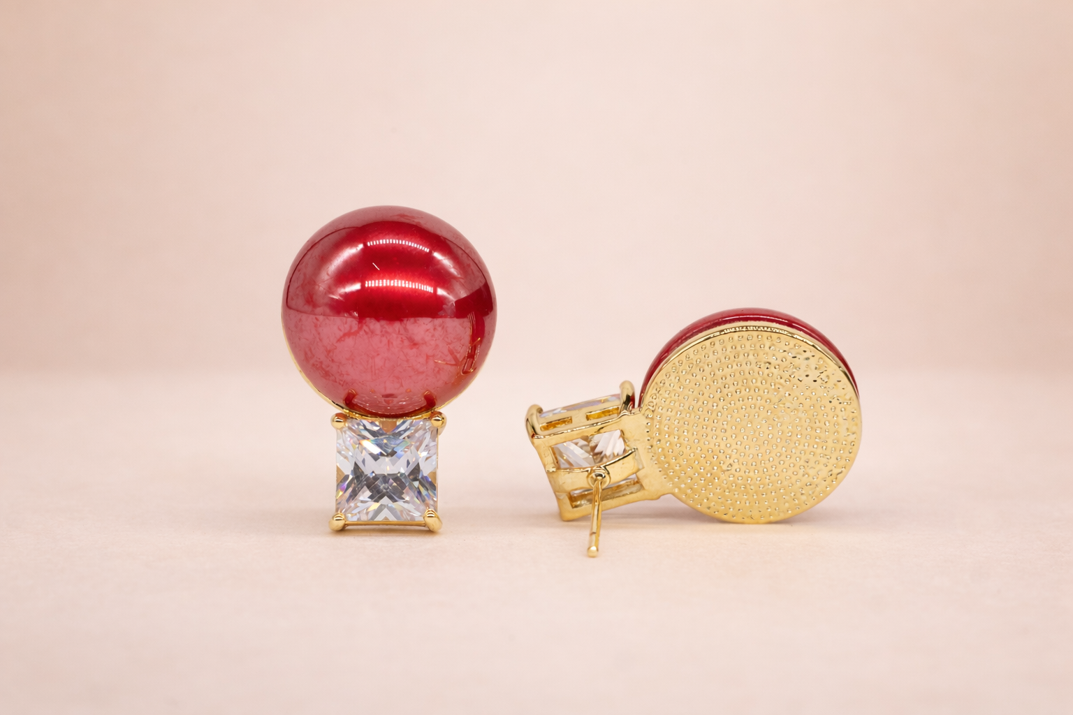 18kt Gold Polish with Red Colour Pearl with Diamond Anti-Tarnish & Anti-Allergic Fancy Earring for Girls