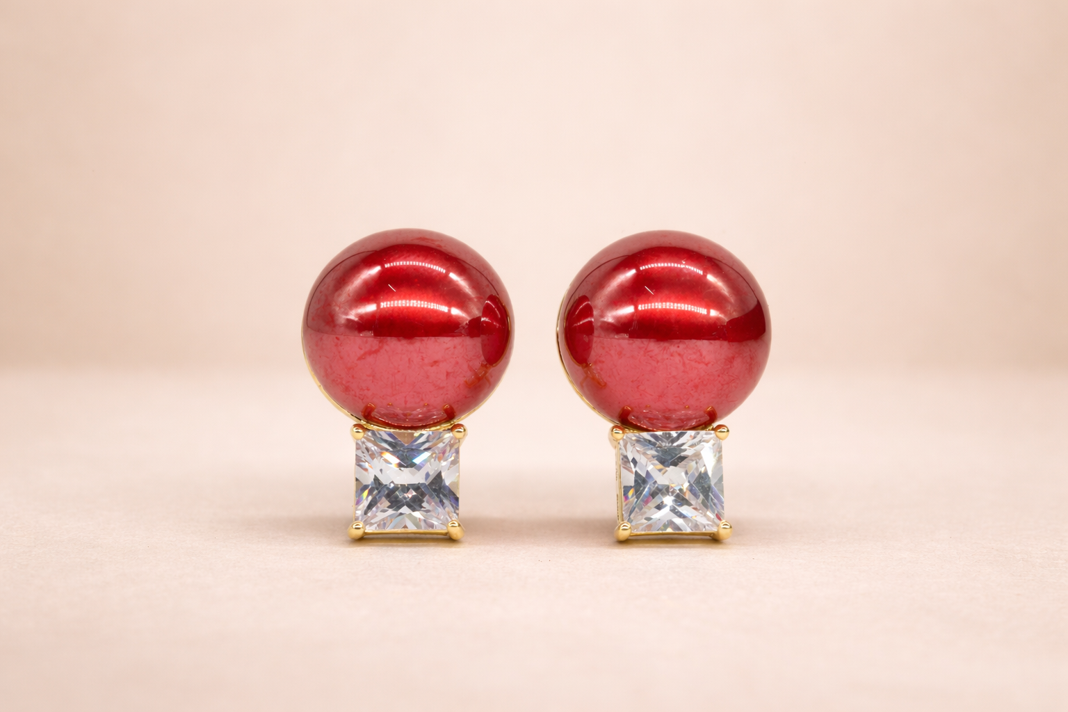 18kt Gold Polish with Red Colour Pearl with Diamond Anti-Tarnish & Anti-Allergic Fancy Earring for Girls