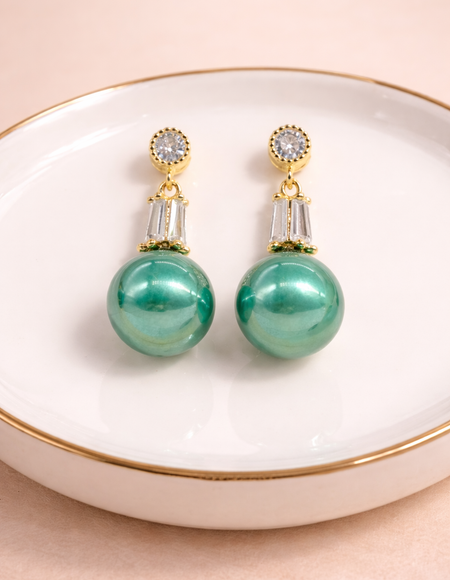 18 carat gold polish with green colour pearl with swarovski stone anti tarnish anti allergic fancy earring for girls
