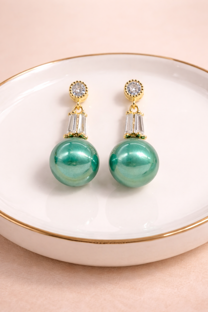 18 carat gold polish with green colour pearl with swarovski stone anti tarnish anti allergic fancy earring for girls