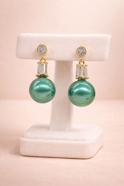 18 carat gold polish with green colour pearl with swarovski stone anti tarnish anti allergic fancy earring for girls