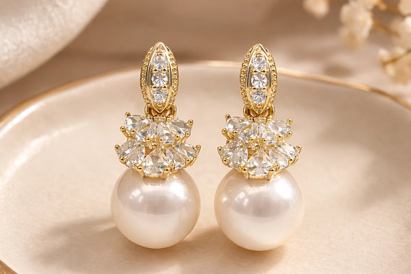 Pink Colour Pearl with Diamond Fancy Earring for Women (Design 1) – 18K Gold Plated