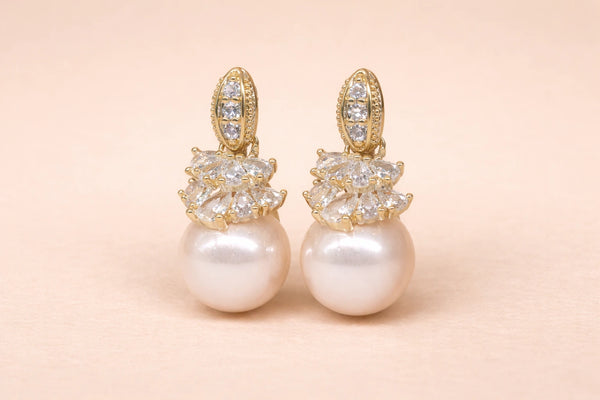 Pink Colour Pearl with Diamond Fancy Earring for Women (Design 1) – 18K Gold Plated