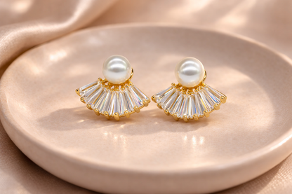 18kt gold polish earring with crystal & pearl with anti tranish anti allergic
