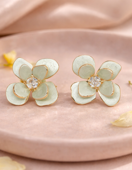 18kt gold polish fancy earring with diamond & off white flower anti tranish anti allergic for girls