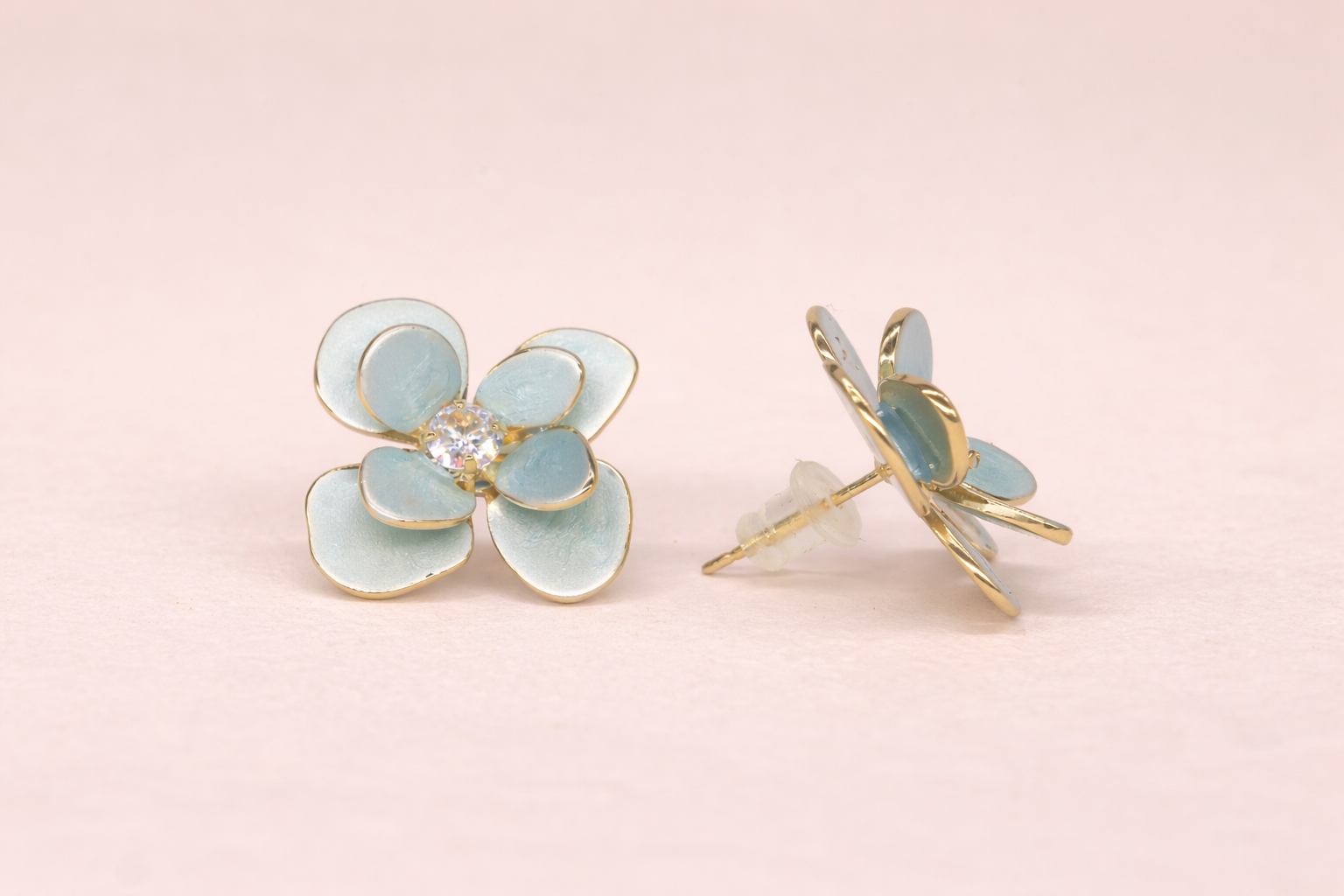 18kt Gold Polish Fancy Earring with Diamond & Light Blue Flower Anti-Tarnish & Anti-Allergic for Girls