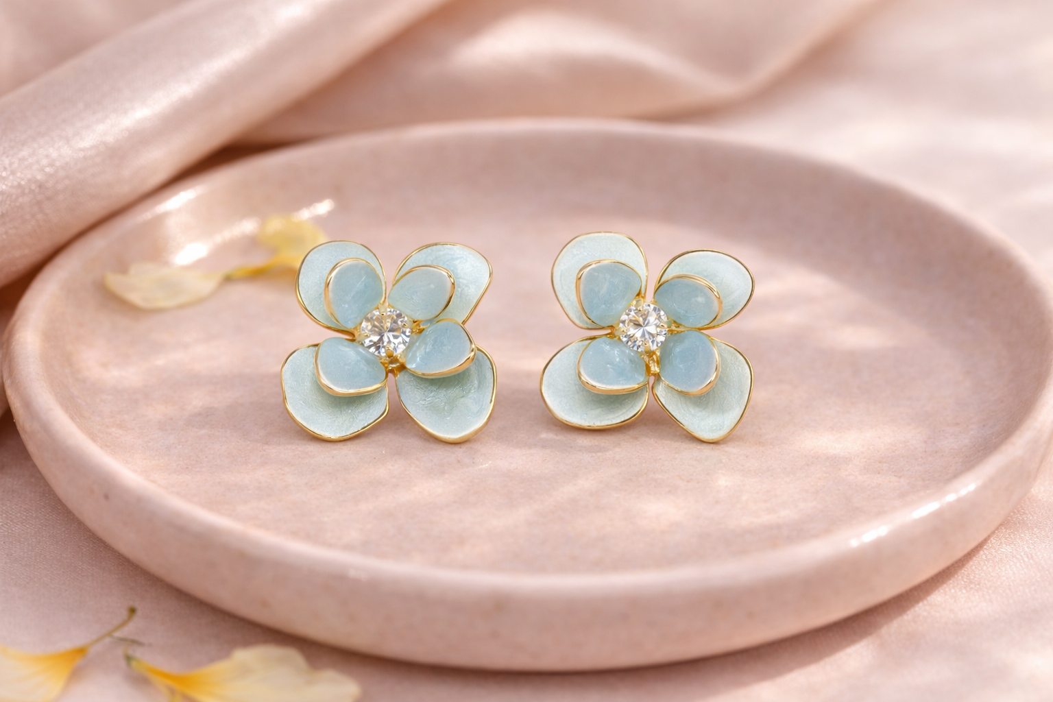 18kt Gold Polish Fancy Earring with Diamond & Light Blue Flower Anti-Tarnish & Anti-Allergic for Girls