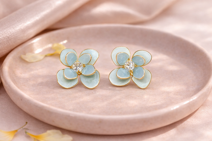 18kt gold polish fancy earring with diamond &light biue flower anti tranish anti allergic for girls