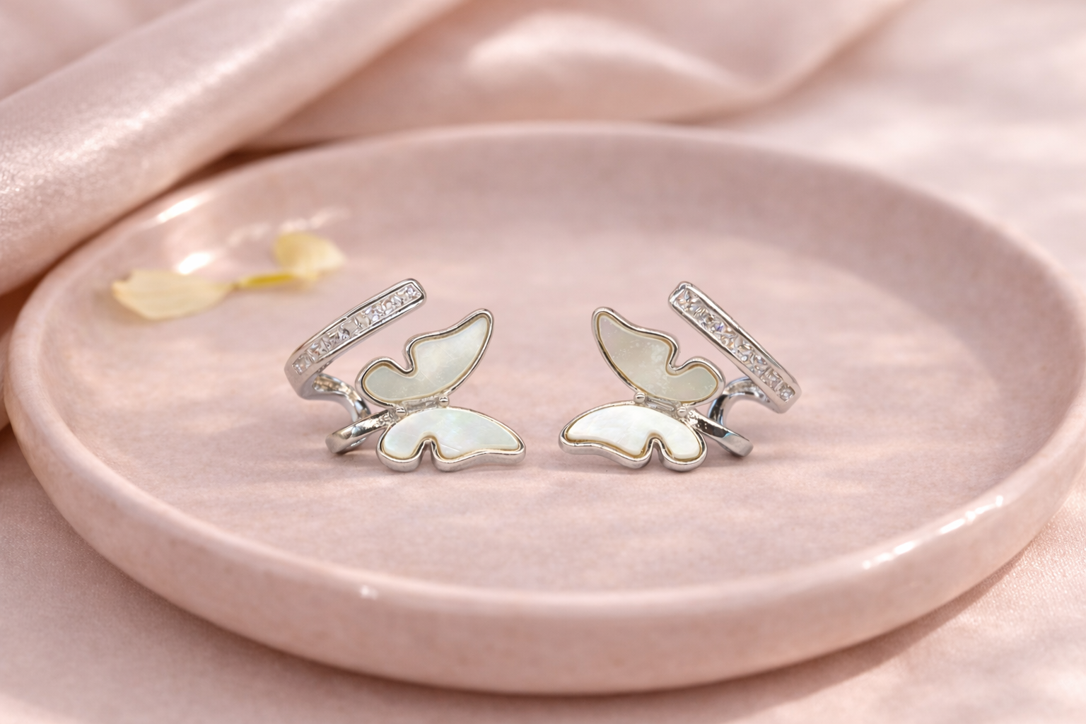 Stainless Steel Silver Polish Fancy Earring with Diamond & Pearl Wings Butterfly Anti-Tarnish & Anti-Allergic for Girls