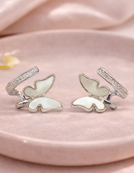 stainless steel silver polish fancy earring with diamond & pearl wings butterfly anti tranish anti allergic for girls