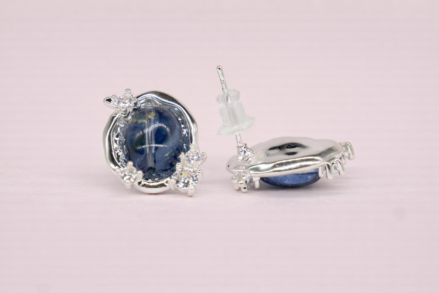Stainless Steel Silver Polish Earring with Oval Blue Sapphire & Crystal Anti-Tarnish & Anti-Allergic for Girls