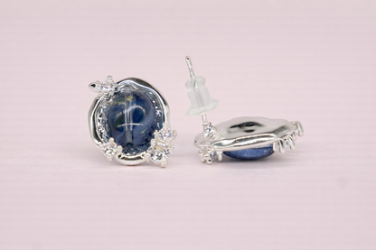 stainless steel silver polish earring with oval blue sapphire & crystal anti tranish anti allergic for girls