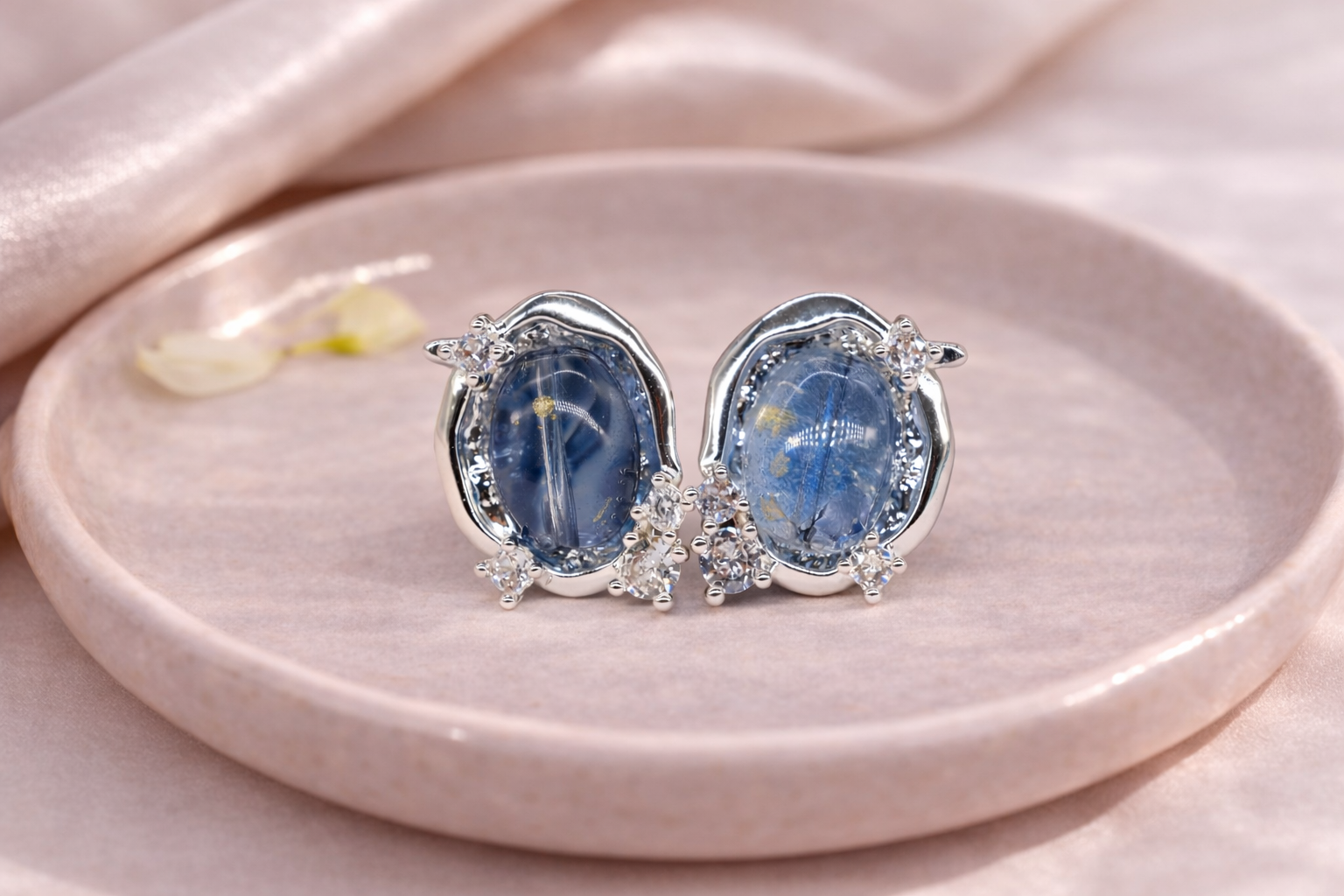 Stainless Steel Silver Polish Earring with Oval Blue Sapphire & Crystal Anti-Tarnish & Anti-Allergic for Girls