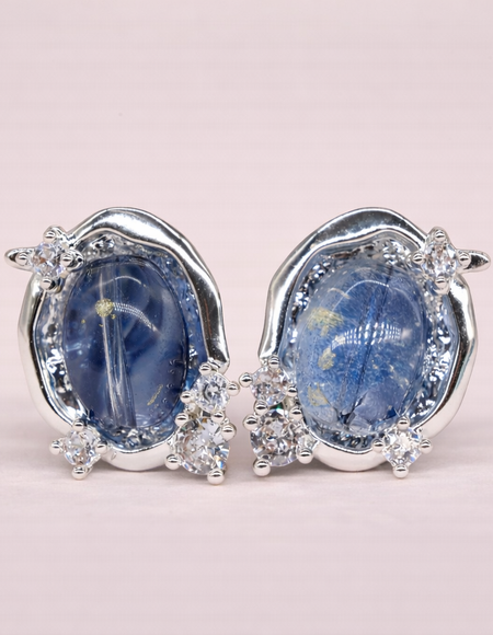 stainless steel silver polish earring with oval blue sapphire & crystal anti tranish anti allergic for girls