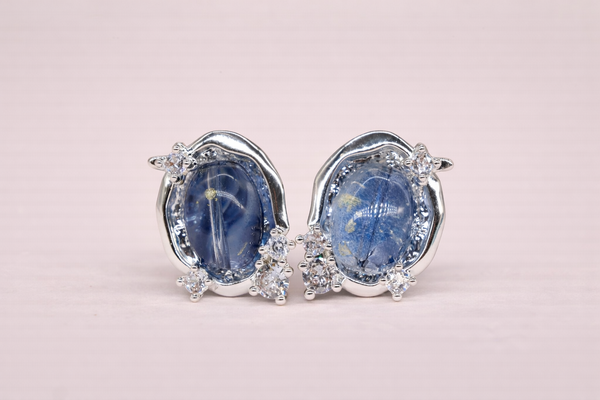 Earring with Oval Blue Sapphire & Crystal for Women – Silver