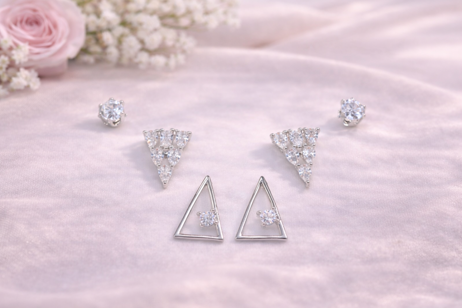 Stainless Steel Silver Polish Earring Set with Zircon Stone Anti-Tarnish & Anti-Allergic for Girls (Design 9)