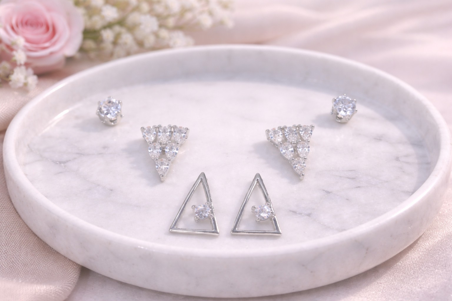 Stainless Steel Silver Polish Earring Set with Zircon Stone Anti-Tarnish & Anti-Allergic for Girls (Design 9)