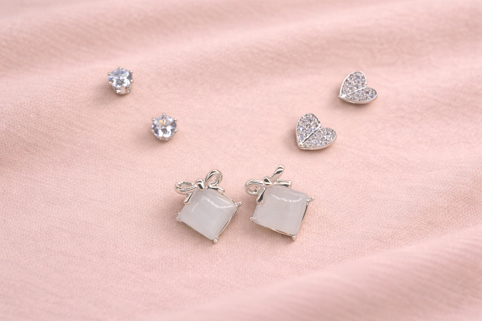 Stainless Steel Silver Polish Earring Set with Zircon Stone Anti-Tarnish & Anti-Allergic for Girls (Design 6)