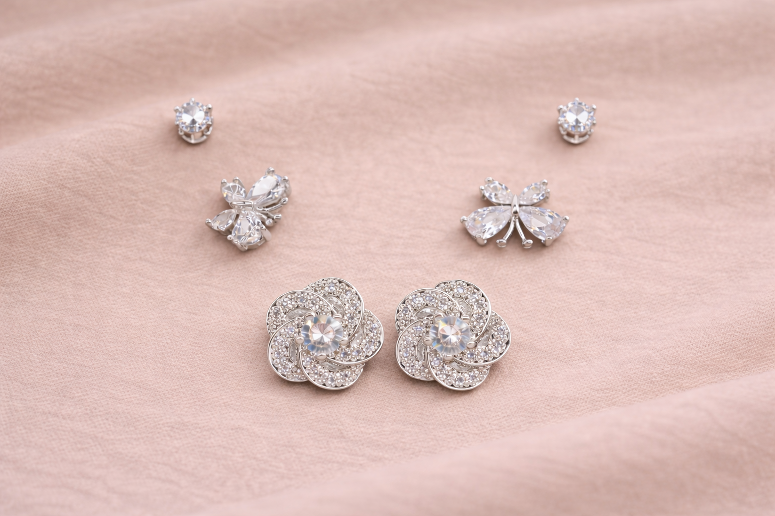 Stainless Steel Silver Polish Earring Set with Zircon Stone Anti-Tarnish & Anti-Allergic for Girls (Design 5)