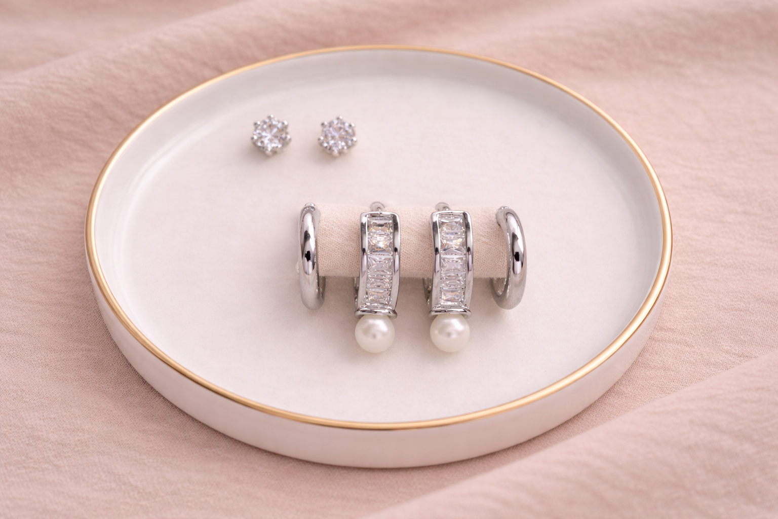 Stainless Steel Silver Polish Earring Set with Zircon Stone Anti-Tarnish & Anti-Allergic for Girls (Design 2)
