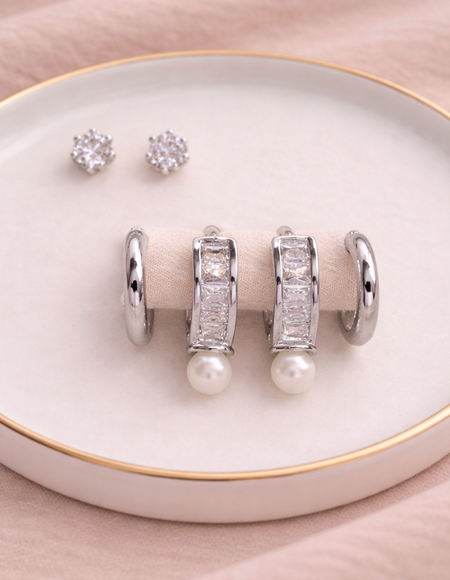 stainless steel silver polish earring set with zircon stone anti tranish anti allergic for girls