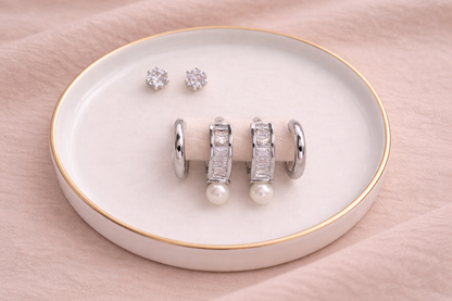 stainless steel silver polish earring set with zircon stone anti tranish anti allergic for girls