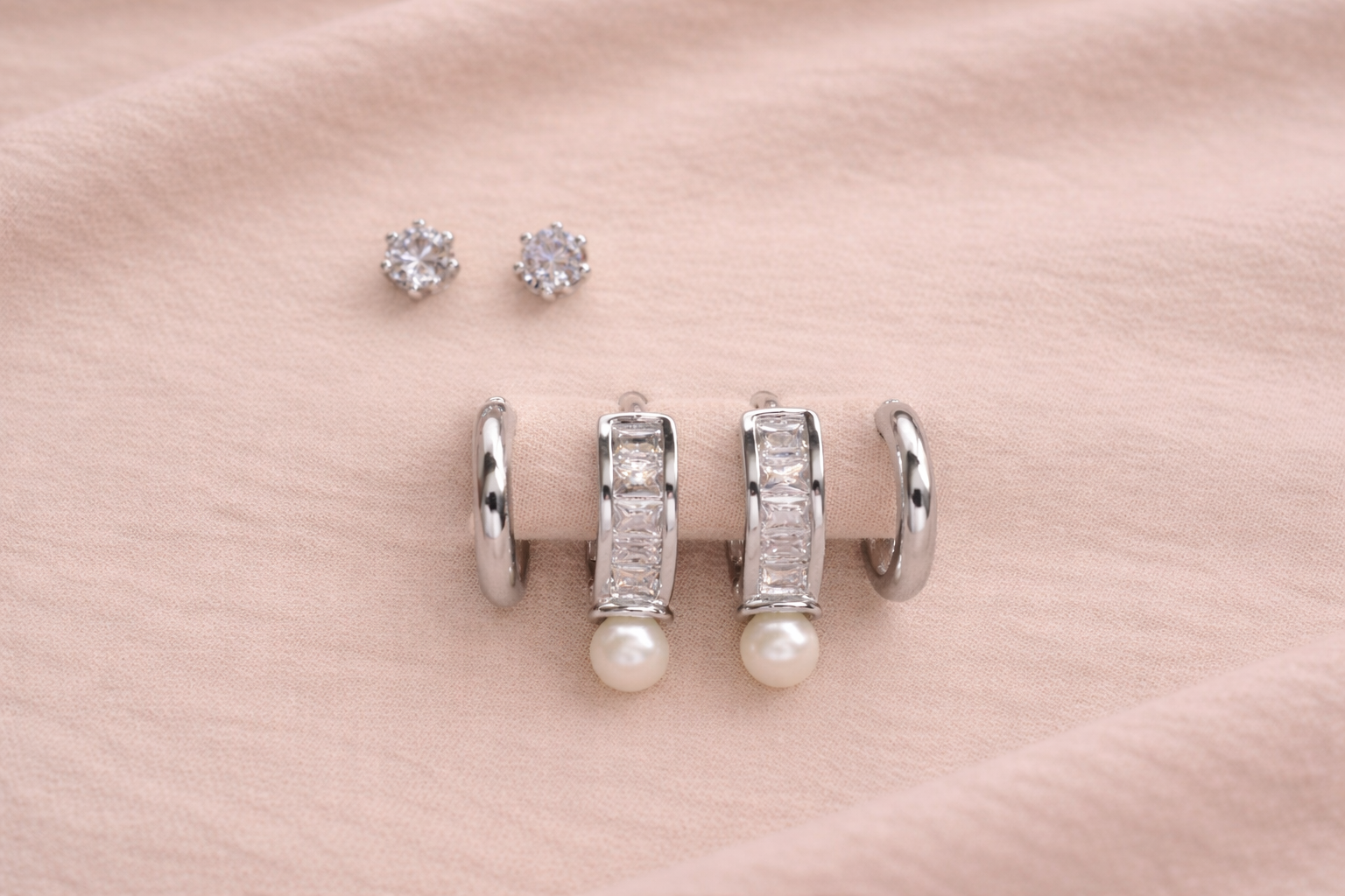 Stainless Steel Silver Polish Earring Set with Zircon Stone Anti-Tarnish & Anti-Allergic for Girls (Design 2)