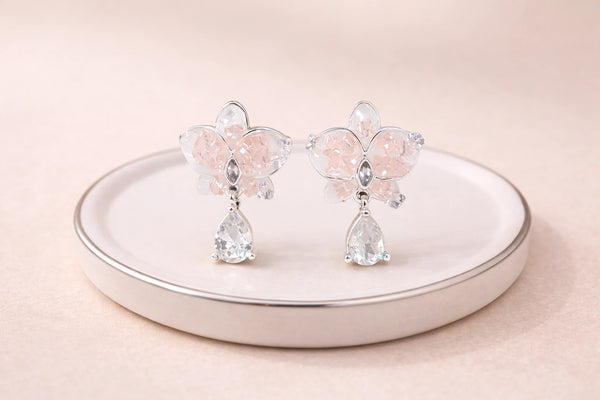 Crystal Pink Stone with Pink Crystal Fancy Earring for Women – Silver