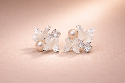 stainless steel silver polish with prarl with swarovski stone with butterfly crystal anti tarnish anti allergic fancy earring for girls