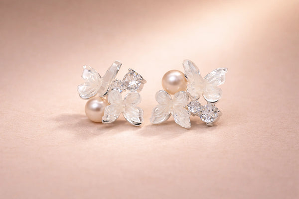 Pearl with Crystal Stone with Butterfly Crystal Fancy Earring for Women – Silver