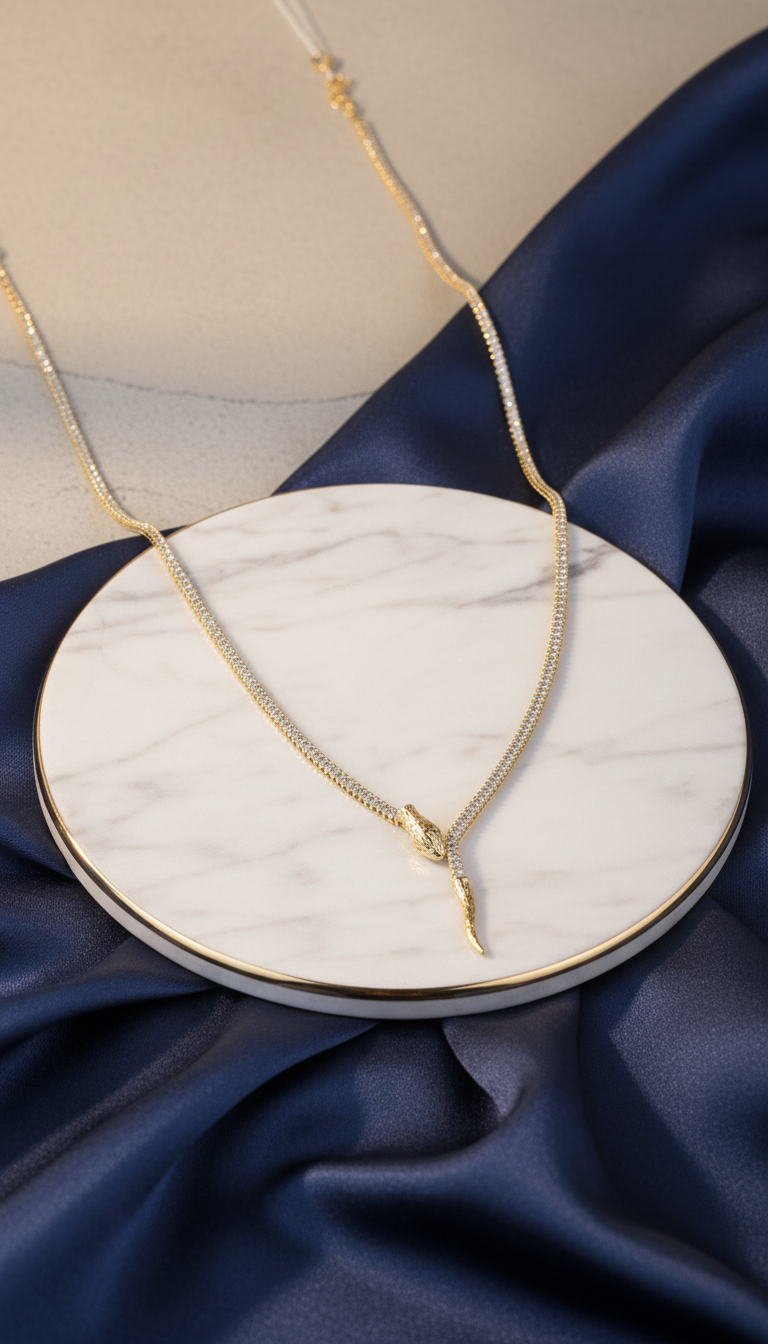 18kt Gold Polish Necklace with Snake & Diamond Anti-Tarnish & Anti-Allergic for Girls